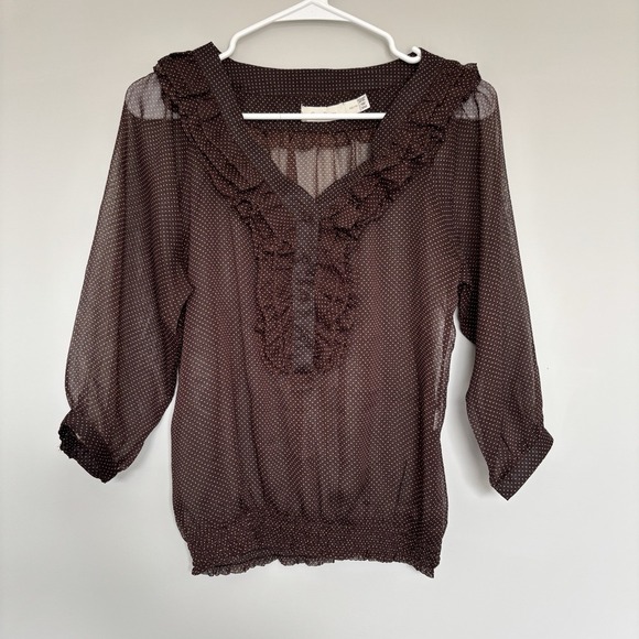 Costa Blanca Women Size XS Sheer Blouse Polka Dot Chocolate Brown Teacher Office - Picture 1 of 8
